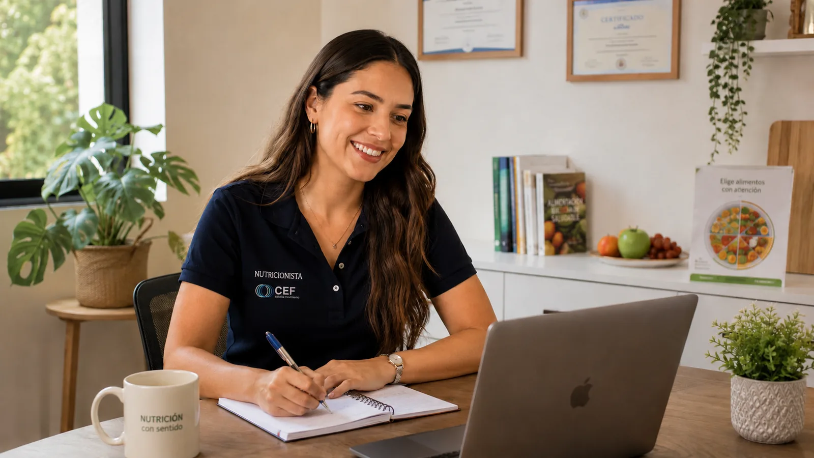 Nutricionista de CEF en una consulta online frente a su computador.