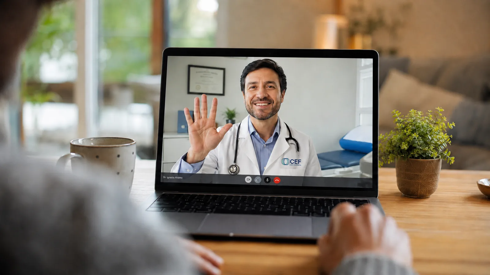 Paciente en su casa en una consulta médica por videollamada con un profesional de CEF.